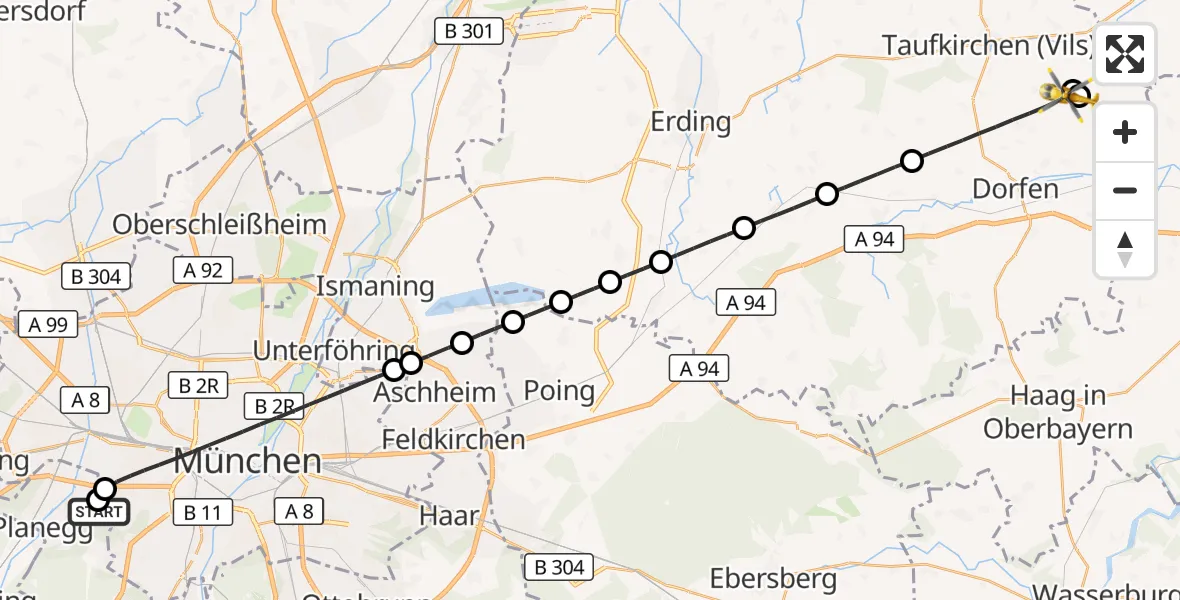 Flugroute Rettungshubschrauber DRF Air Rescue München Hubschrauberlandeplatz - Dorfen, 05 September 2026, 11:30
