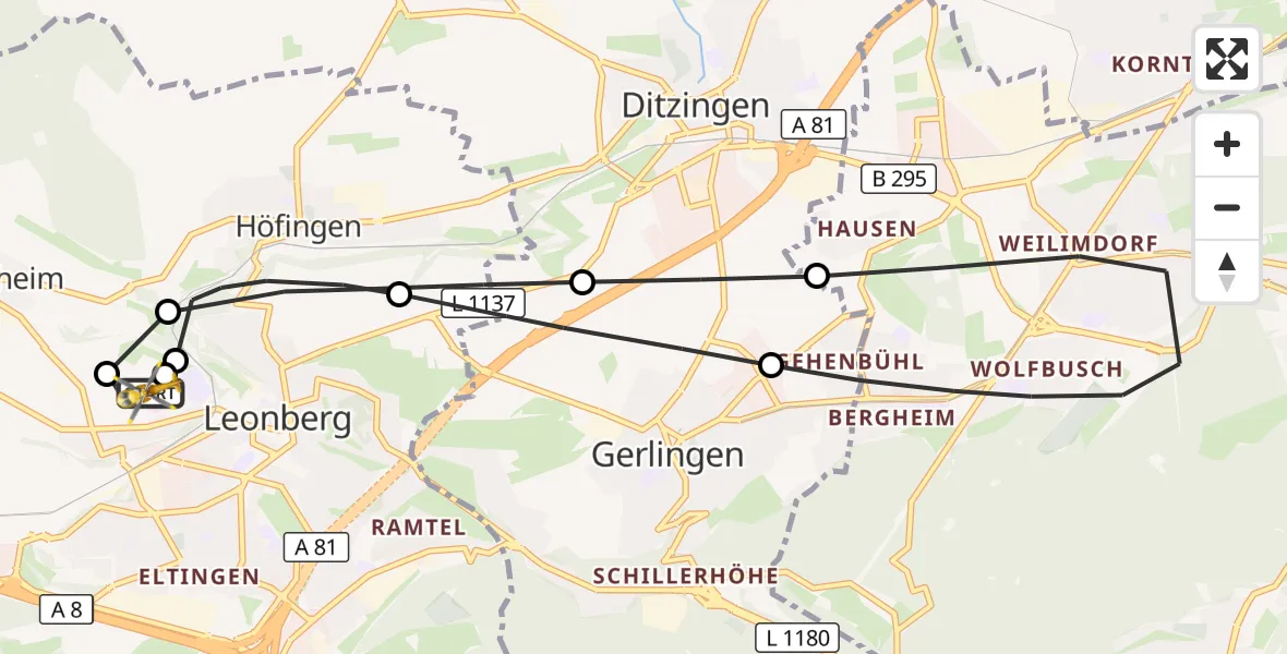 Flugroute Rettungshubschrauber Leonberg Hospital - Leonberg Hospital, 05 September 2026, 11:31