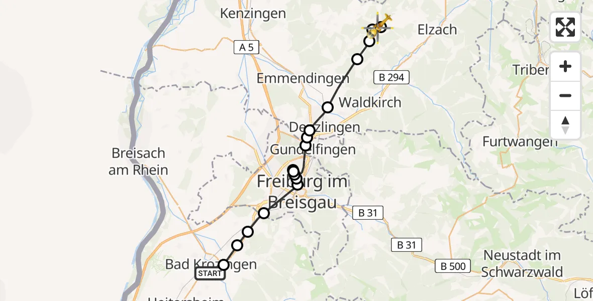 Flugroute Ambulanzhubschrauber Bad Krozingen - Gutach im Breisgau, 05 September 2026, 11:44