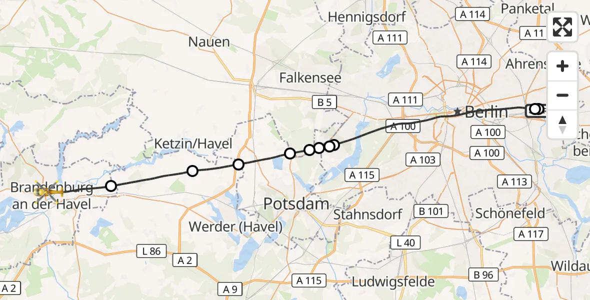 Flugroute Rettungshubschrauber Berlin Emergency Hospital - Brandenburg an der Havel, 05 September 2026, 11:52