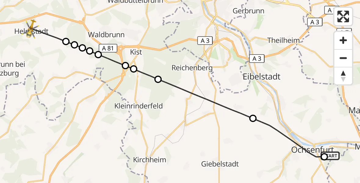 Flugroute Rettungshubschrauber Ochsenfurt Hospital - Helmstadt, 05 September 2026, 12:14