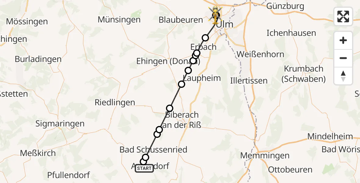Flugroute Rettungshubschrauber Aulendorf - Ulm Military Hospital Emergency, 05 September 2026, 12:19