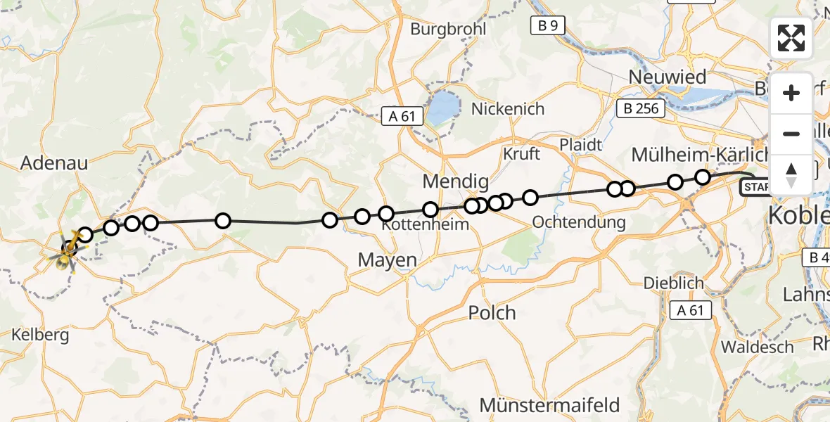 Flugroute Rettungshubschrauber Koblenz - Nürburgring Hubschrauberlandeplatz, 05 September 2026, 12:20