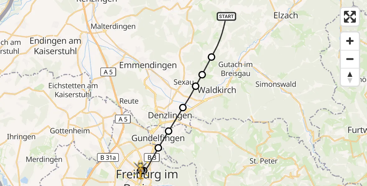 Flugroute Ambulanzhubschrauber Gutach im Breisgau - Freiburg University Hospital Heliport 1, 05 September 2026, 12:22