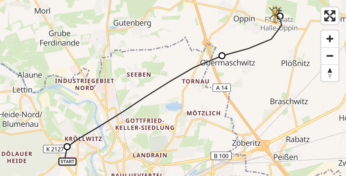 Flugroute Rettungshubschrauber Halle (Saale) University Hospital - Halle-Oppin Flugplatz, 05 September 2026, 12:24
