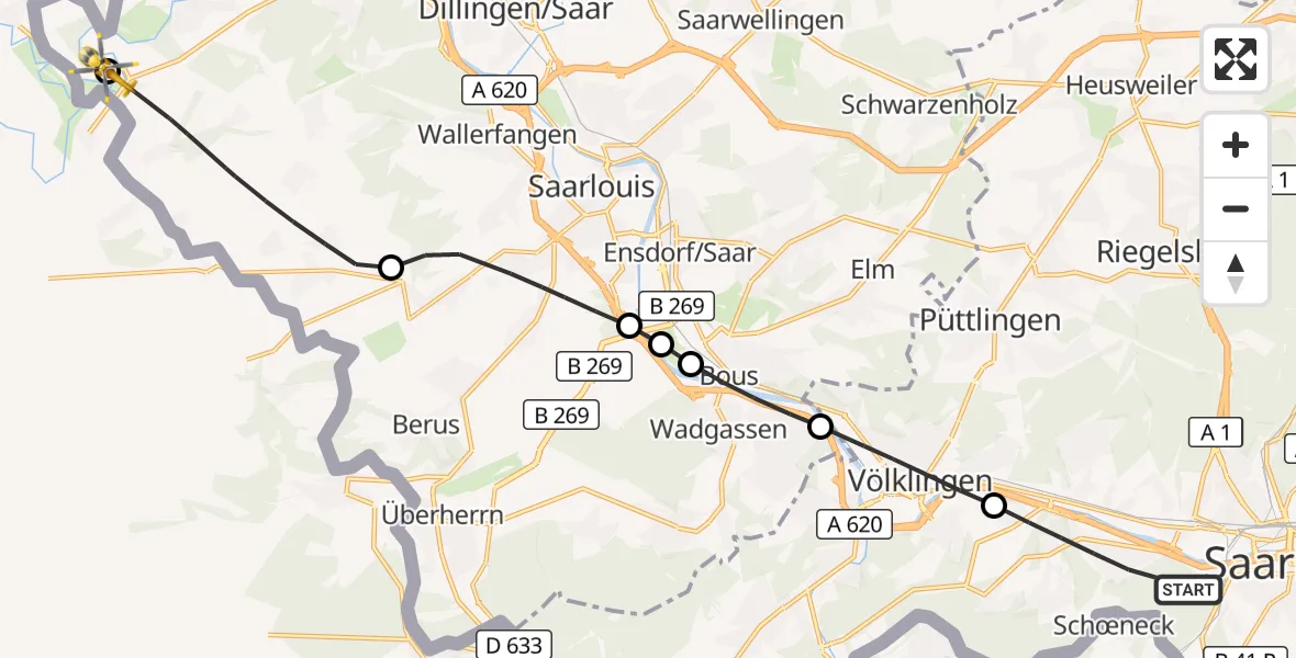 Flugroute Rettungshubschrauber Saarbrücken - Rehlingen-Siersburg, 05 September 2026, 12:30