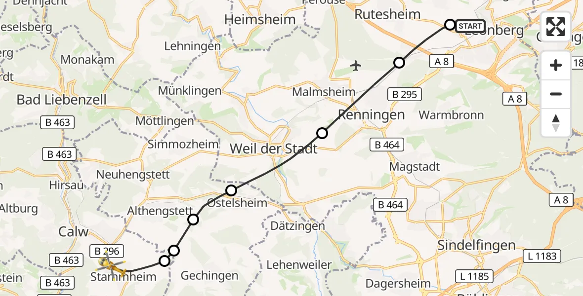Flugroute Rettungshubschrauber Leonberg Hospital - Calw, 05 September 2026, 12:30