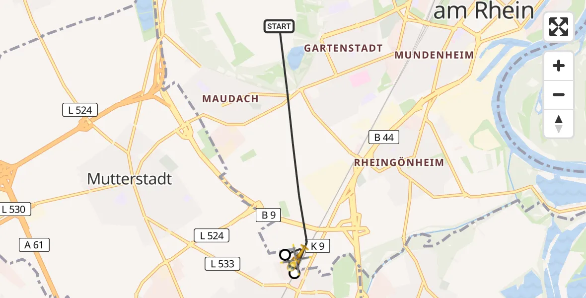 Flugroute Rettungshubschrauber Ludwigshafen am Rhein - Ludwigshafen am Rhein, 05 September 2026, 12:35