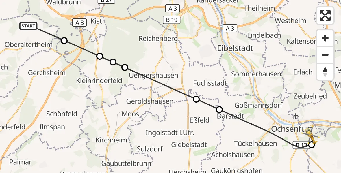 Flugroute Rettungshubschrauber Altertheim - Ochsenfurt Hospital, 05 September 2026, 12:47