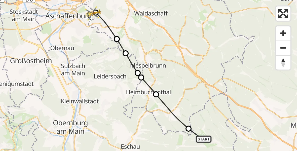 Flugroute Rettungshubschrauber Altenbuch - Aschaffenburg Hospital, 05 September 2026, 12:52