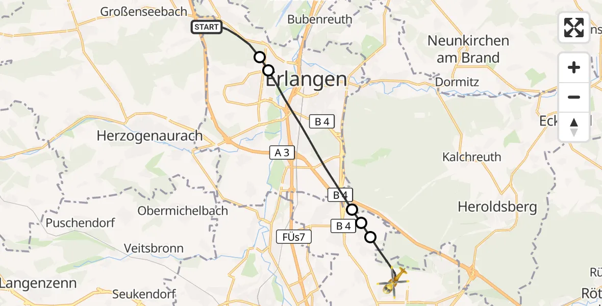 Flugroute Ambulanzhubschrauber Erlangen - Flughafen Nuremberg, 05 September 2026, 13:00