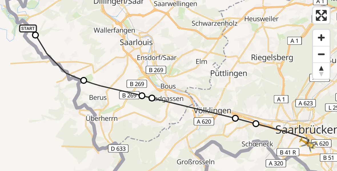 Flugroute Rettungshubschrauber Rehlingen-Siersburg - Saarbrücken, 05 September 2026, 13:12
