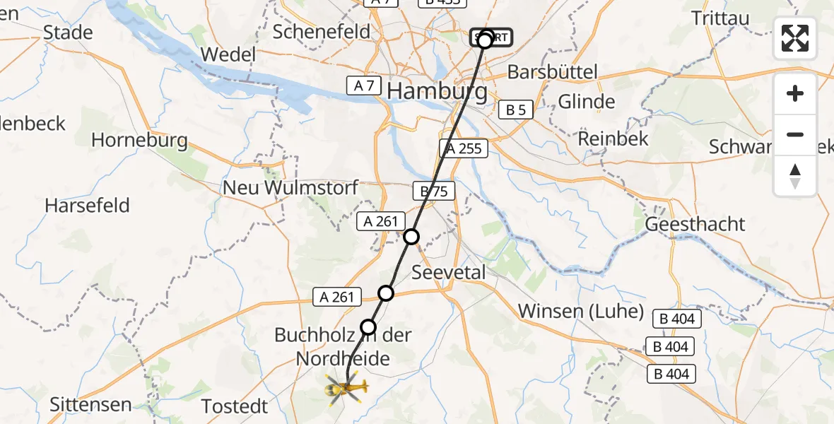 Flugroute Rettungshubschrauber Hamburg Military Hospital - Buchholz in der Nordheide, 05 September 2026, 13:17