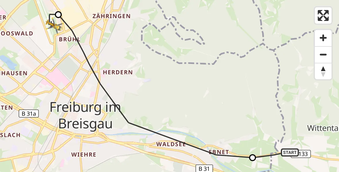 Flugroute Ambulanzhubschrauber Kirchzarten - Freiburg im Breisgau Flugplatz, 05 September 2026, 13:26
