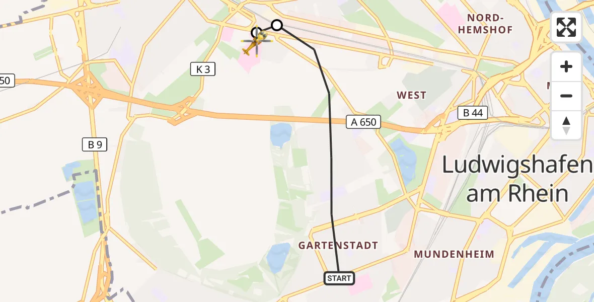 Flugroute Rettungshubschrauber Ludwigshafen am Rhein - Ludwigshafen Accident Hospital, 05 September 2026, 13:37