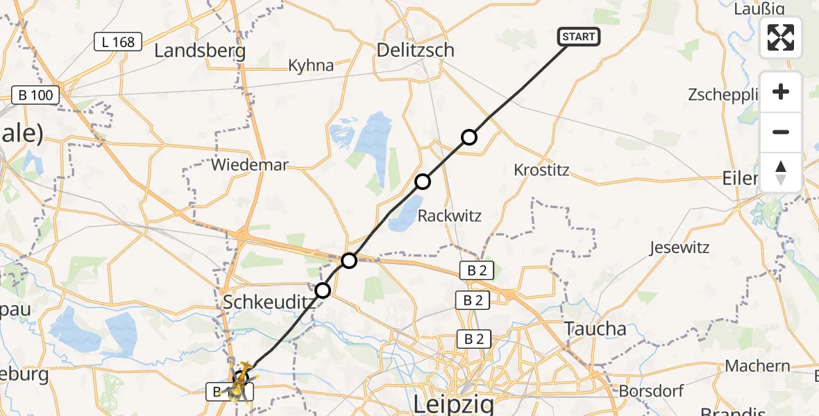 Flugroute Rettungshubschrauber Schönwölkau - ADAC Air Rescue Station Leipzig/Schkeuditz-Dölzig Hubschrauberlandeplatz (Christoph 61), 05 September 2026, 13:46