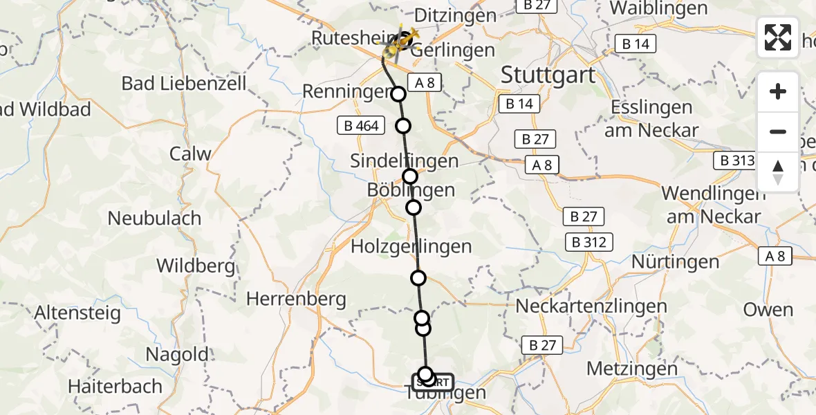 Flugroute Rettungshubschrauber Tübingen University Hospital - Leonberg Hospital, 05 September 2026, 13:47