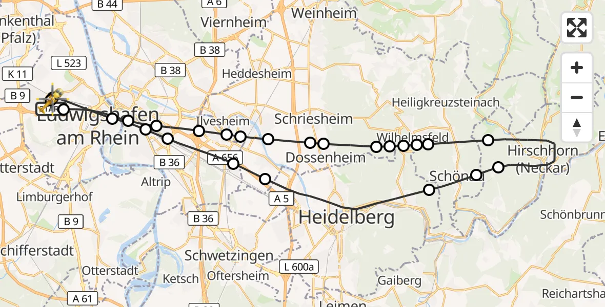 Flugroute Rettungshubschrauber Ludwigshafen Accident Hospital - Ludwigshafen Accident Hospital, 05 September 2026, 13:47