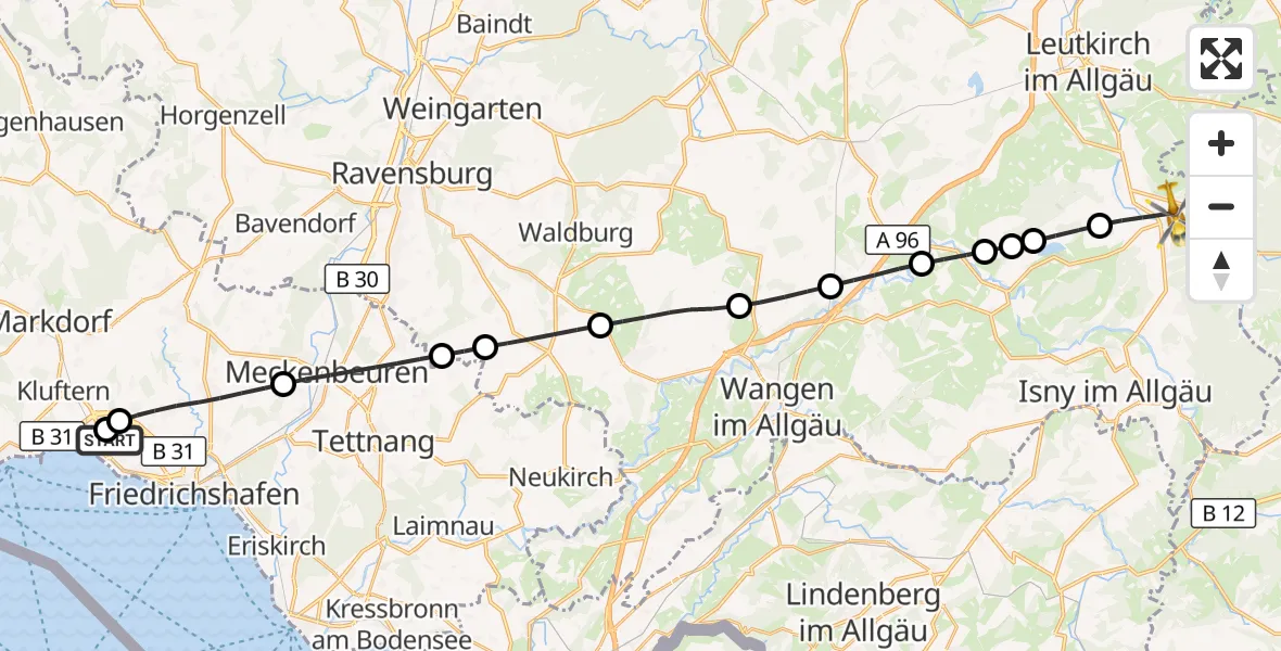 Flugroute Rettungshubschrauber Friedrichshafen Hospital - Leutkirch im Allgäu, 05 September 2026, 13:47