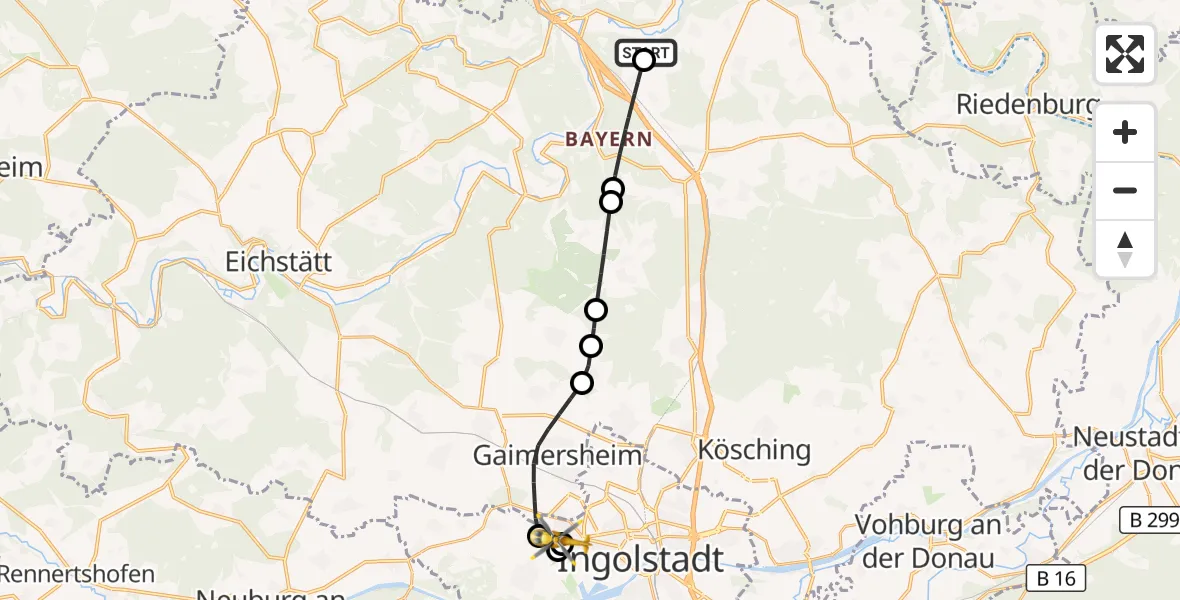 Flugroute Rettungshubschrauber Kinding - Ingolstadt Hospital, 05 September 2026, 13:48