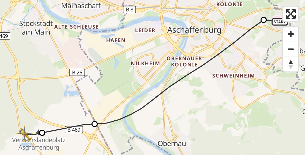 Flugroute Rettungshubschrauber Aschaffenburg Hospital - Flugplatz Aschaffenburg, 05 September 2026, 13:53