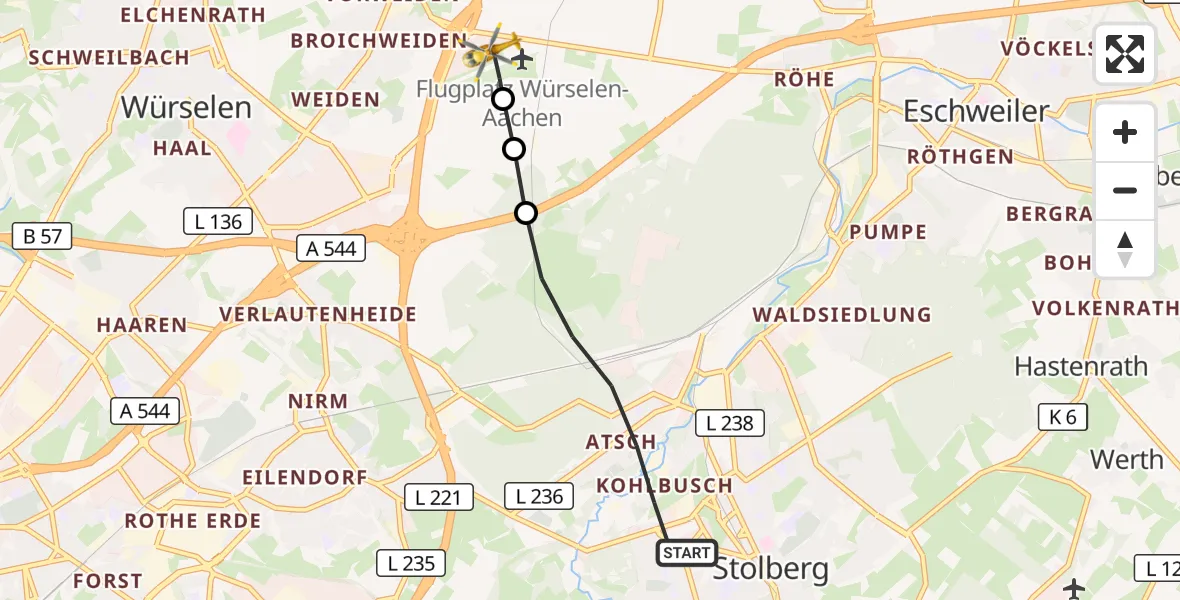 Flugroute Rettungshubschrauber Stolberg (Rhld.) - Aachen-Merzbrück Flughafen, 05 September 2026, 13:59