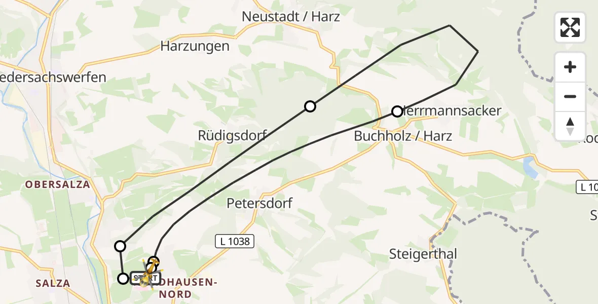 Flugroute Rettungshubschrauber Südharz Hospital Nordhausen - Südharz Hospital Nordhausen, 05 September 2026, 14:02