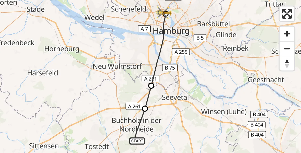 Flugroute Rettungshubschrauber Buchholz in der Nordheide - Universitätsklinikum Hamburg-Eppendorf Hubschrauberlandeplatz, 05 September 2026, 14:13