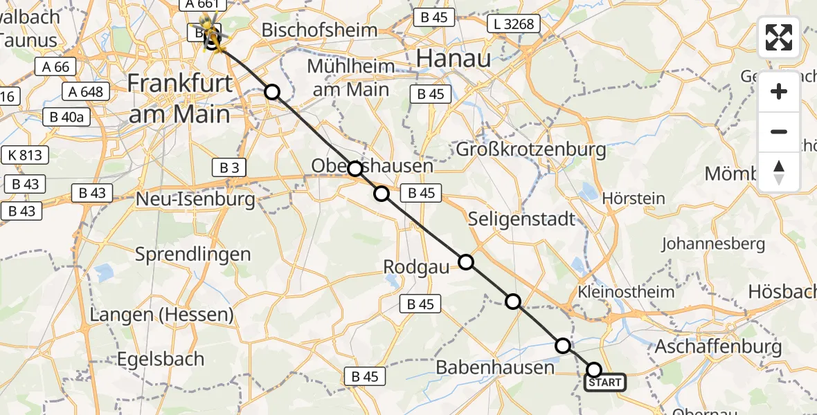 Flugroute Rettungshubschrauber Großostheim - Frankfurt am Main Accident Hospital Roof Helipad (CHX2), 05 September 2026, 14:13