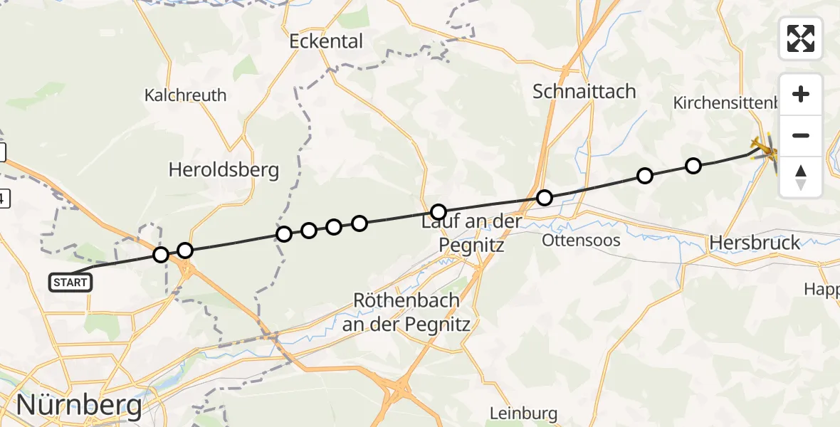 Flugroute Ambulanzhubschrauber Flughafen Nuremberg - Kirchensittenbach, 05 September 2026, 14:23