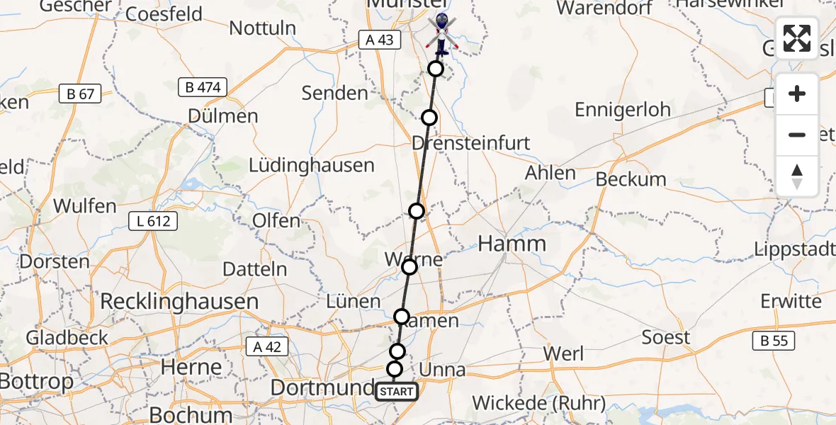Flugroute Polizeihubschrauber Dortmund Flughafen - Münster, 05 September 2026, 14:30