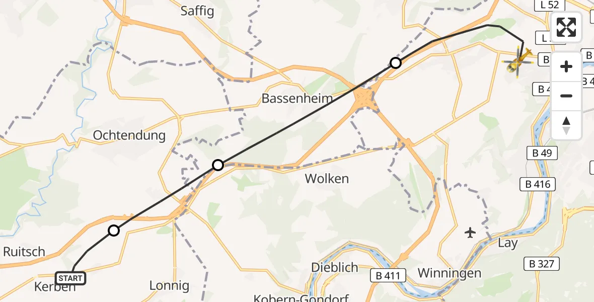 Flugroute Rettungshubschrauber Kerben - Koblenz, 05 September 2026, 14:31