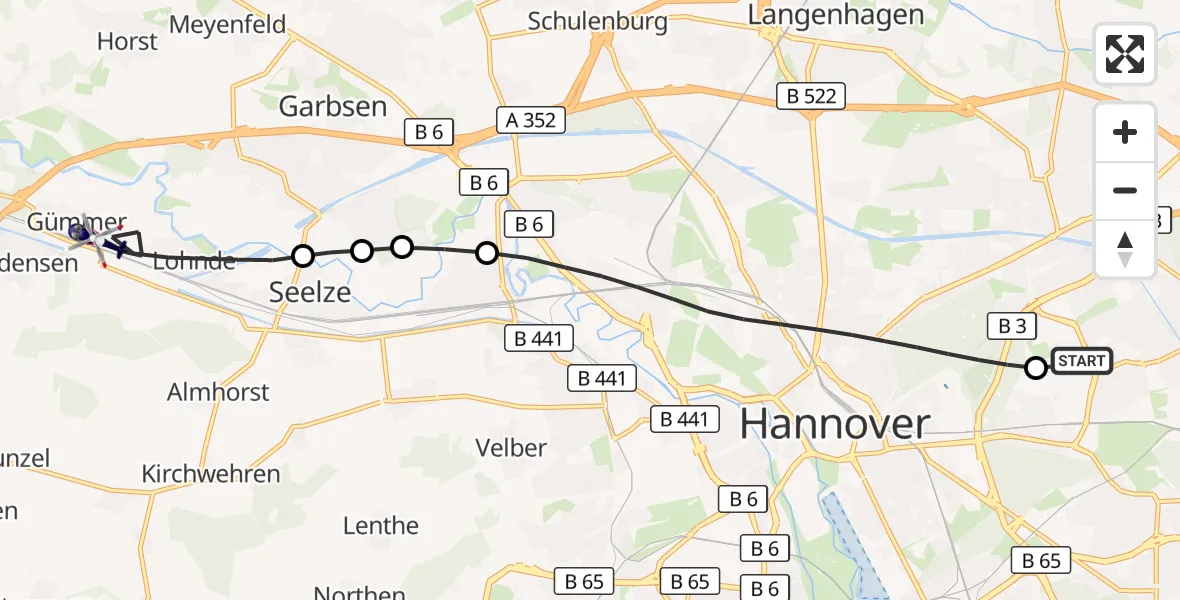 Flugroute Polizeihubschrauber Hannover Luftrettung Hubschrauberlandeplatz (Christoph 4) - Seelze, 05 September 2026, 14:35