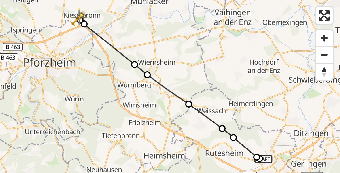 Flugroute Rettungshubschrauber Leonberg Hospital - Kieselbronn, 05 September 2026, 14:37