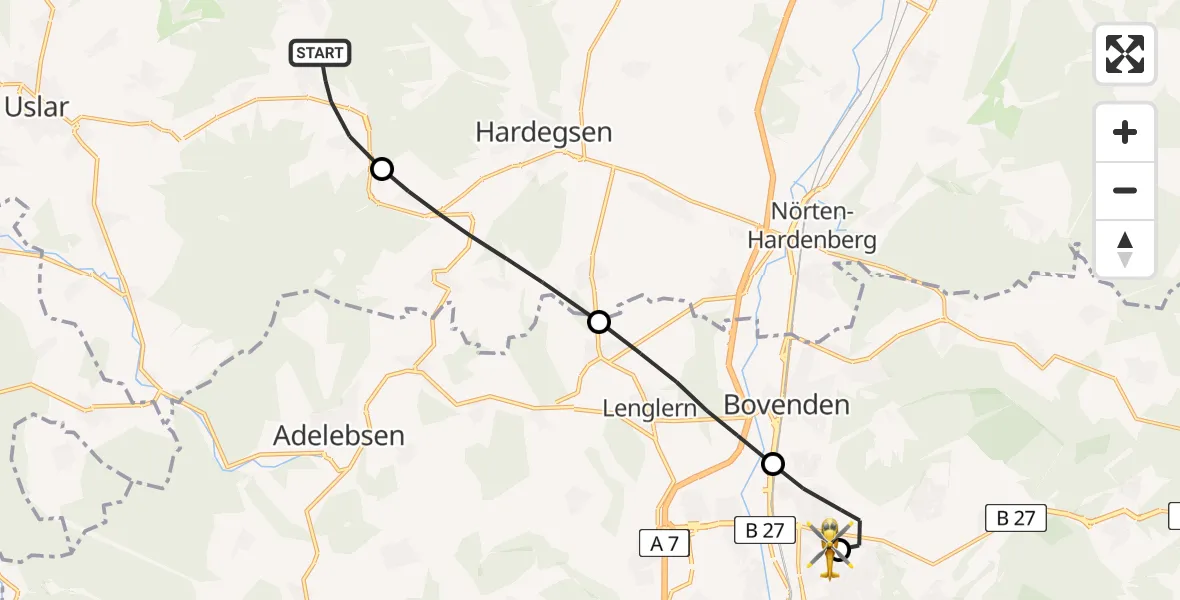 Flugroute Rettungshubschrauber Uslar - Göttingen University Clinic Hubschrauberlandeplatz, 05 September 2026, 14:37
