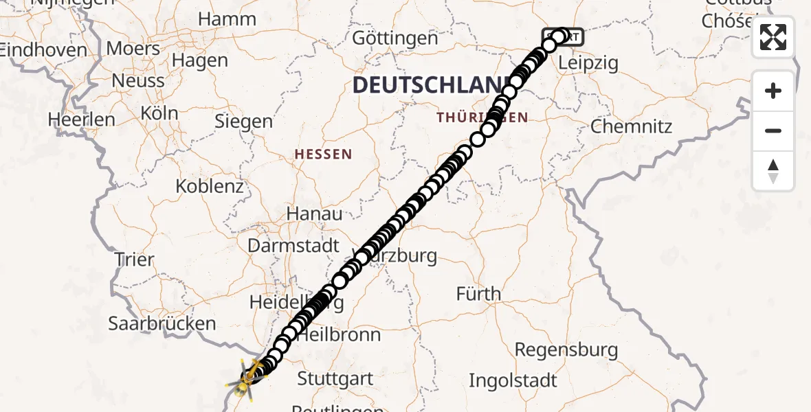Flugroute Rettungshubschrauber Halle-Oppin Flugplatz - Karlsruhe Baden-Baden Flughafen, 05 September 2026, 14:39