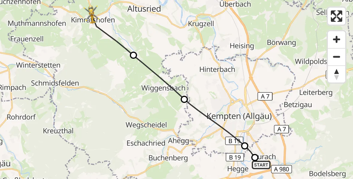 Flugroute Rettungshubschrauber Kempten-Durach Flugplatz - Altusried, 05 September 2026, 15:03