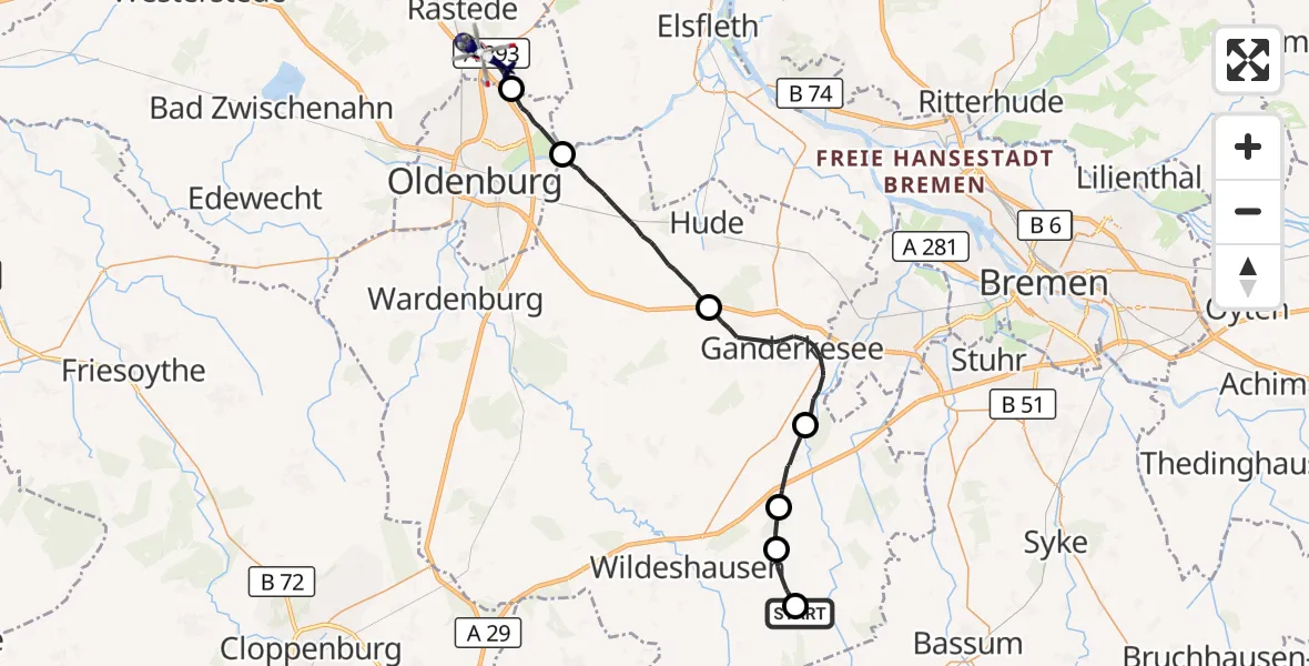 Flugroute Polizeihubschrauber Beckeln - Rastede, 05 September 2026, 15:11
