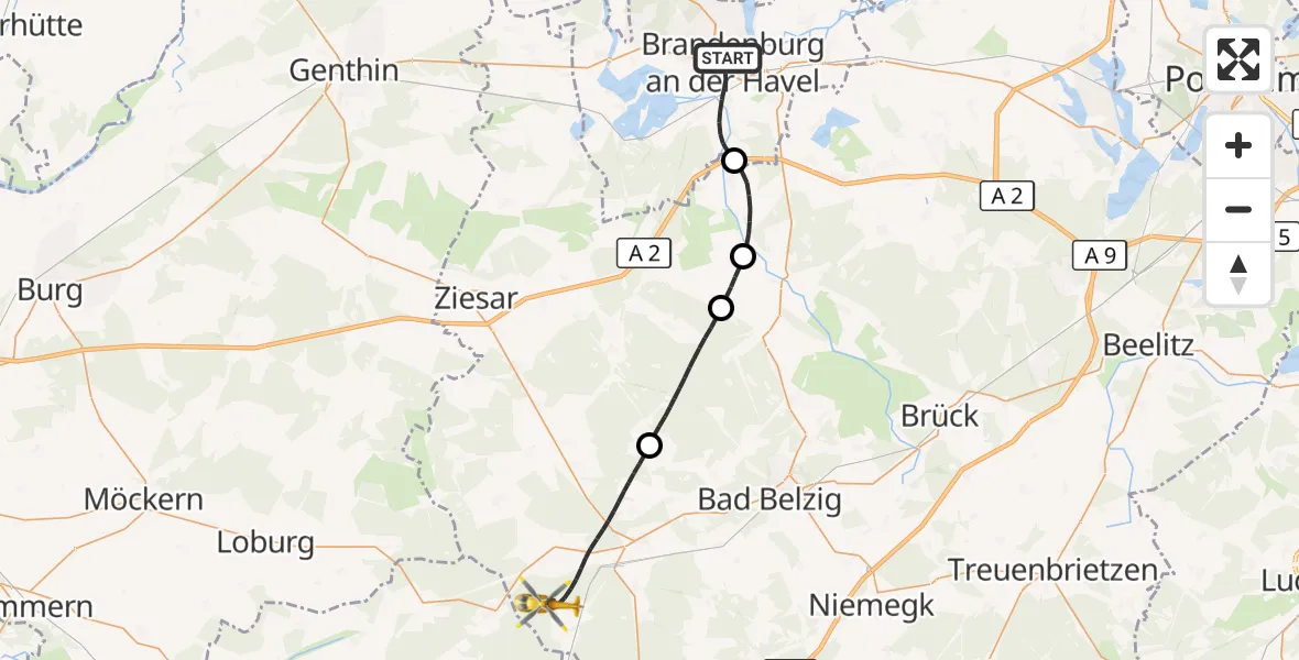 Flugroute Rettungshubschrauber Brandenburg an der Havel - Wiesenburg/Mark, 05 September 2026, 15:12