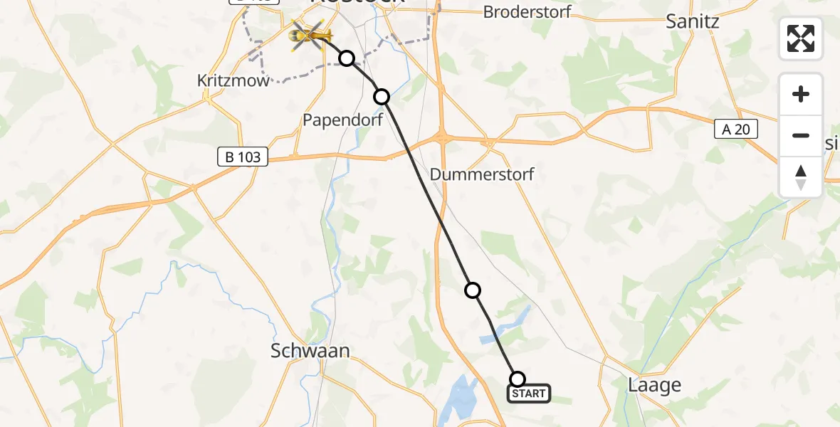 Flugroute Rettungshubschrauber Flughafen Rostock-Laage - Rostock, 05 September 2026, 15:12
