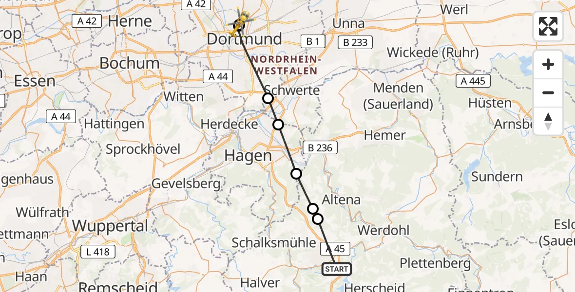 Flugroute Rettungshubschrauber Lüdenscheid - Dortmund Hospital North, 05 September 2026, 15:23