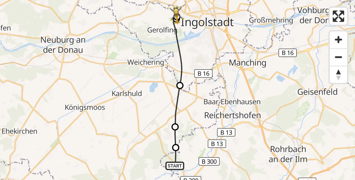 Flugroute Rettungshubschrauber Hohenwart - Ingolstadt Hospital, 05 September 2026, 15:31