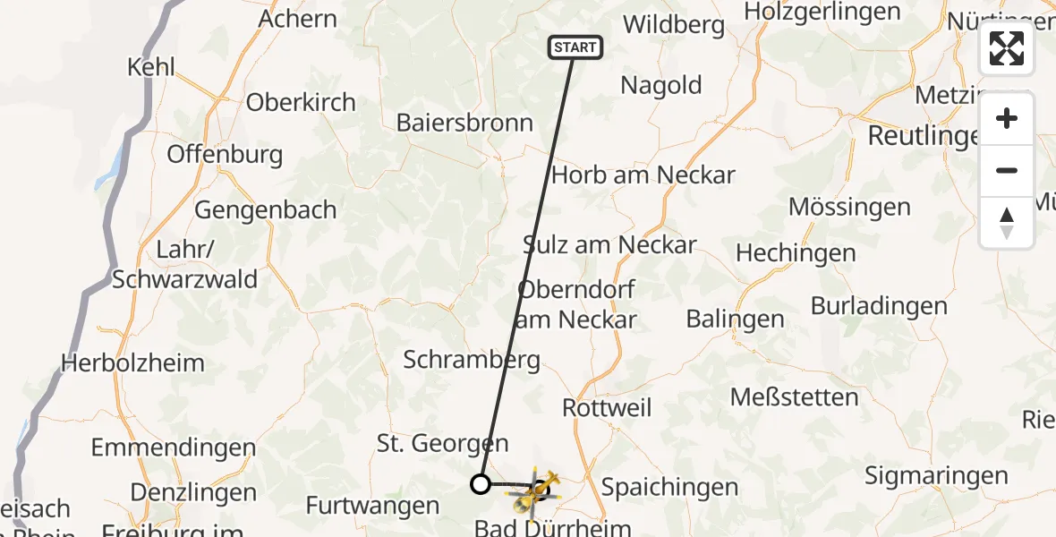Flugroute Ambulanzhubschrauber Altensteig - DRF Air Rescue Station Villingen-Schwenningen Hubschrauberlandeplatz (Christoph 11), 05 September 2026, 15:40