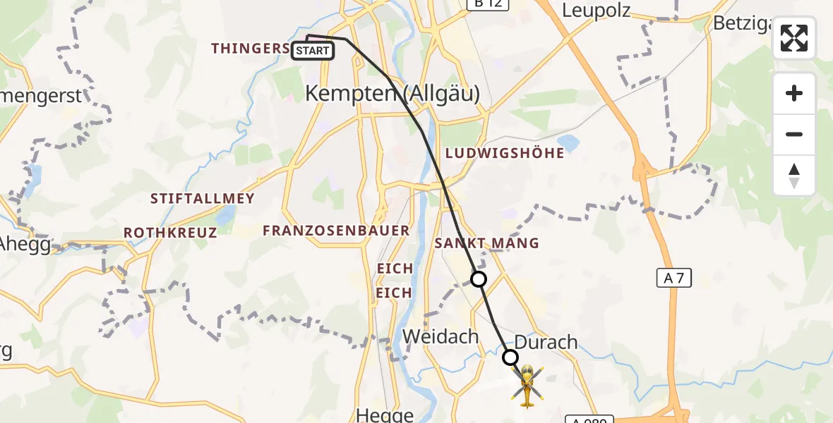 Flugroute Rettungshubschrauber Kempten (Allgäu) - Kempten-Durach Flugplatz, 05 September 2026, 15:52