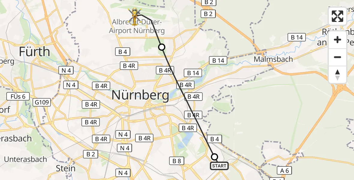 Flugroute Ambulanzhubschrauber Nürnberg South Hospital - Flughafen Nuremberg, 05 September 2026, 15:52
