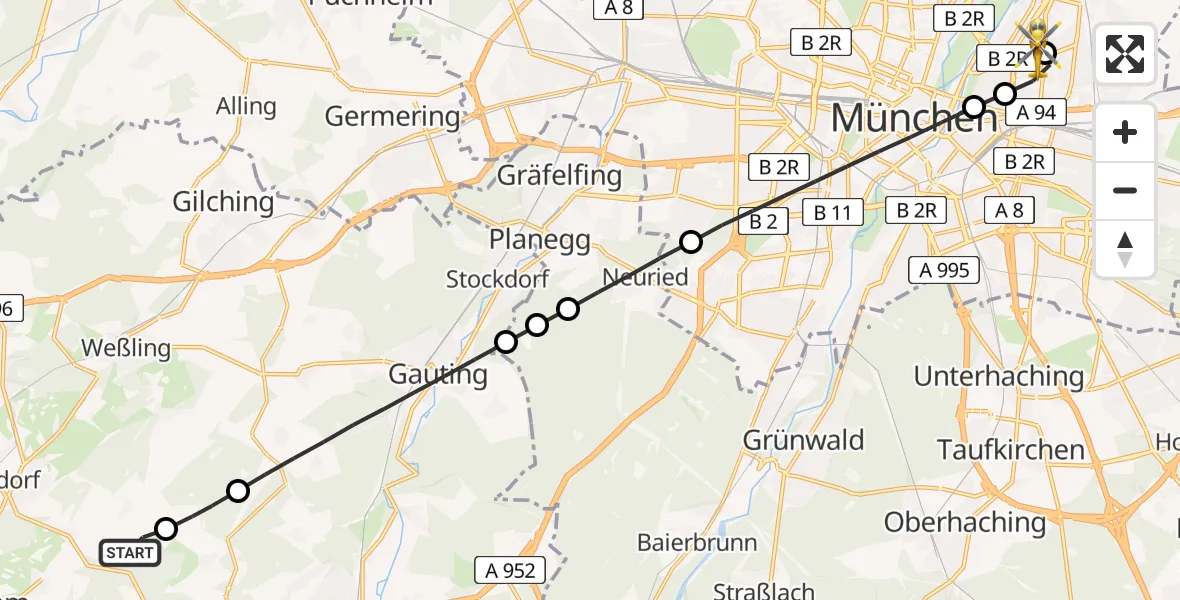 Flugroute Rettungshubschrauber Seefeld - München Bogenhausen Hospital, 05 September 2026, 15:57