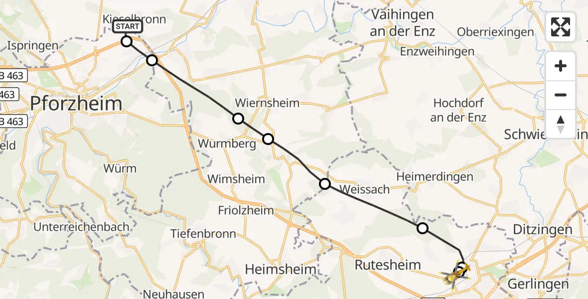 Flugroute Rettungshubschrauber Kieselbronn - Leonberg Hospital, 05 September 2026, 16:00