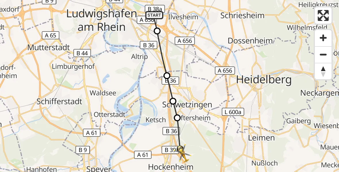 Flugroute Rettungshubschrauber Mannheim-City Flughafen - Hockenheim, 05 September 2026, 16:01