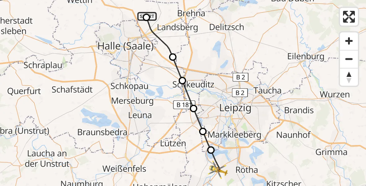 Flugroute Rettungshubschrauber Halle-Oppin Flugplatz - Zwenkau, 05 September 2026, 16:01