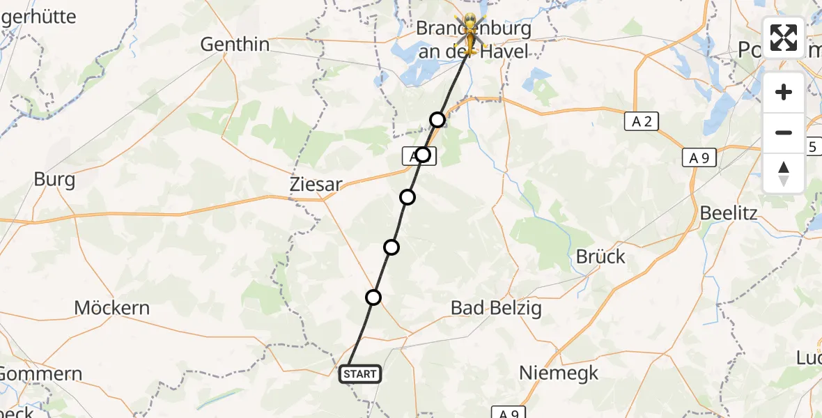Flugroute Rettungshubschrauber Wiesenburg/Mark - Brandenburg an der Havel, 05 September 2026, 16:06